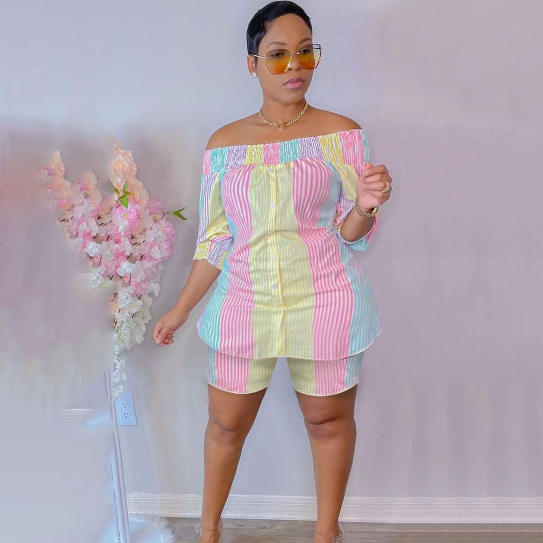 5 XL / Yellow Z92180 Fashion Casual Striped Print Off Shoulder short set woman Plus Size two piece outfits