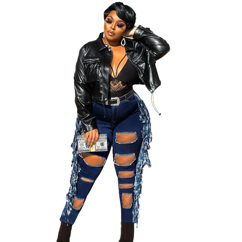 5XL / Deep Blue Plus Size Clothing Pierced Tassels Trend Large Breathable Jeans 2022 Womens Jeans Pants