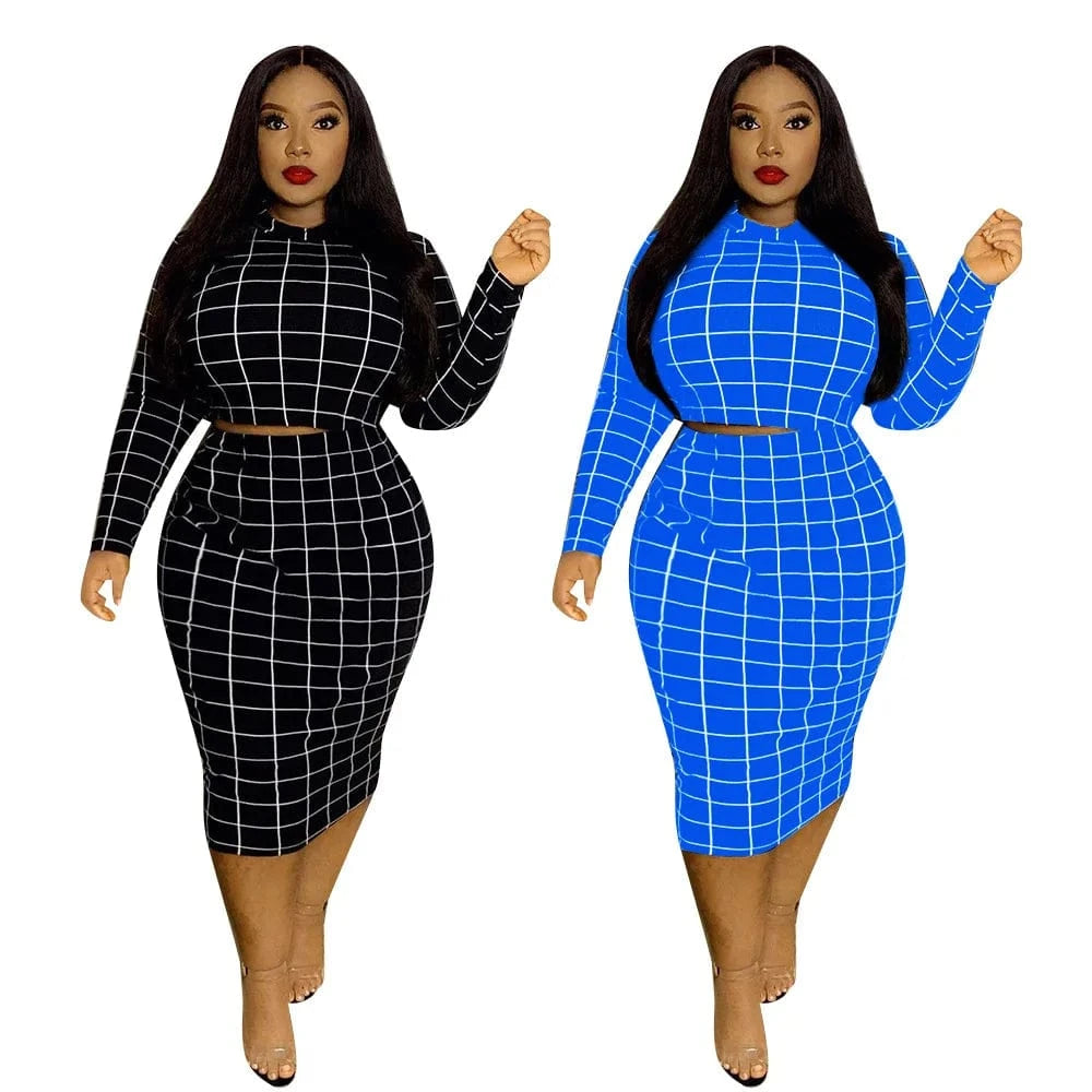 5XL women's long-sleeved sexy plaid tight-fitting mid-length ladies two-piece casual tight-fitting cheap plus size