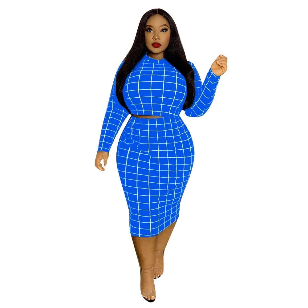 5XL women's long-sleeved sexy plaid tight-fitting mid-length ladies two-piece casual tight-fitting cheap plus size