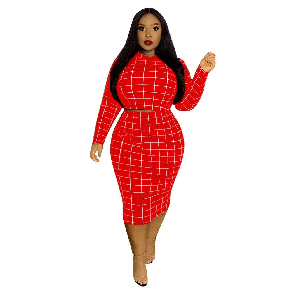 5XL women's long-sleeved sexy plaid tight-fitting mid-length ladies two-piece casual tight-fitting cheap plus size
