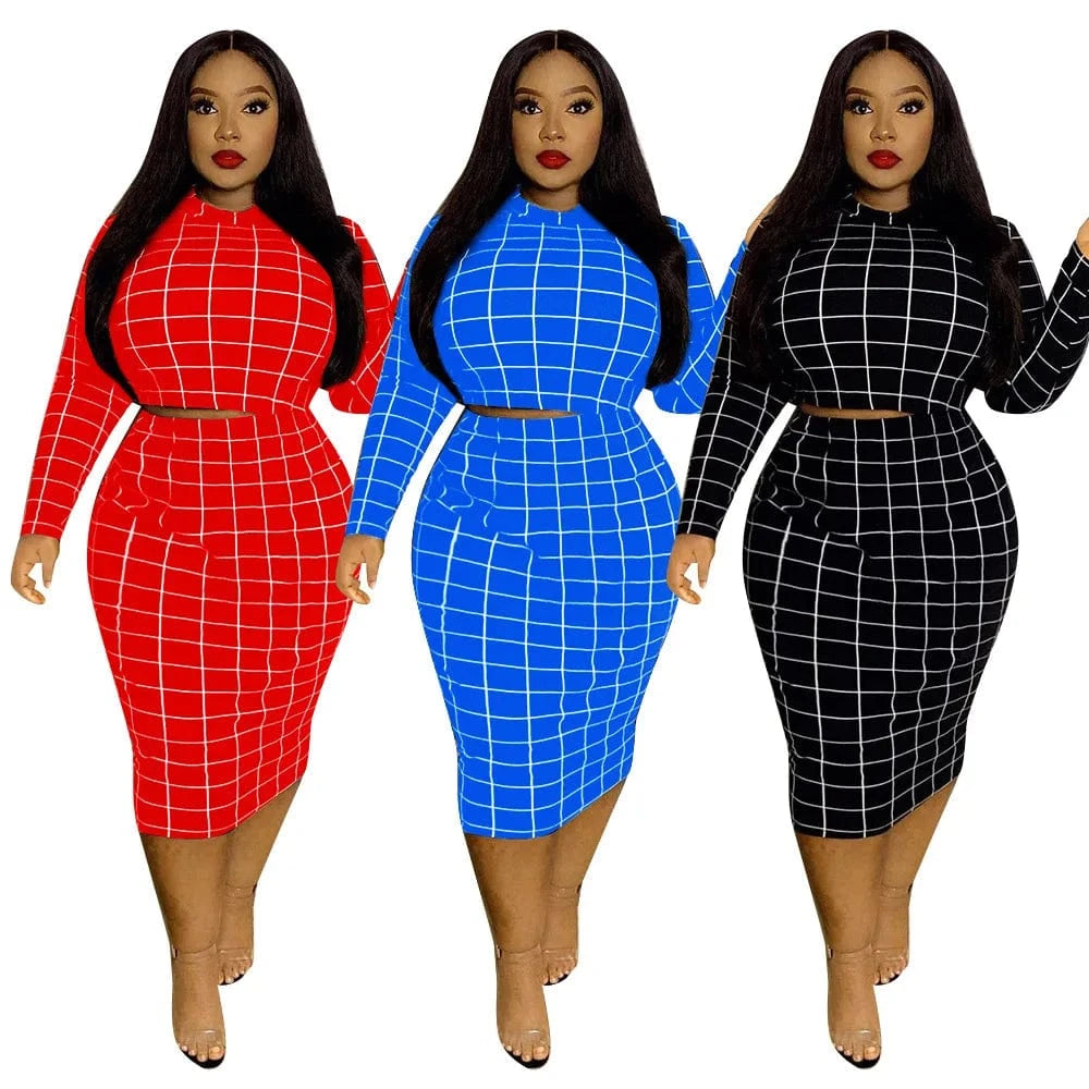 5XL women's long-sleeved sexy plaid tight-fitting mid-length ladies two-piece casual tight-fitting cheap plus size