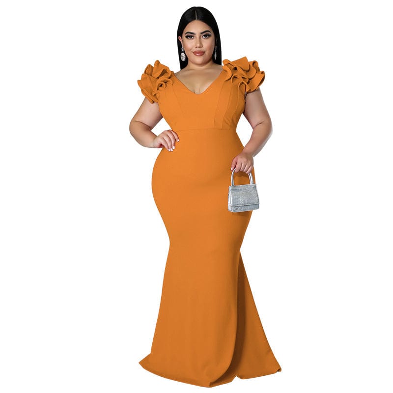 5XL / Yellow kc 2022 Summer New Plus Size Women Mermaid Dresses Ruffle Sleeve V Neck Slim Backless Maxi Dress Ladies Party Evening Dresses