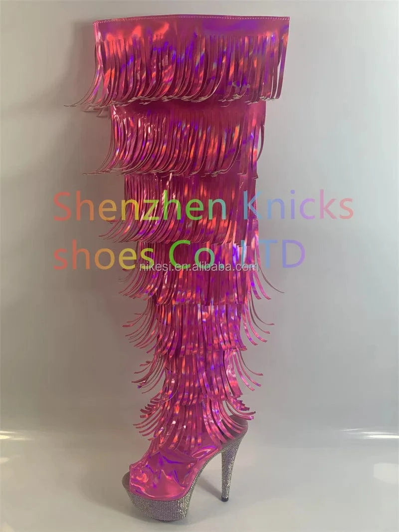 6 "- 15cm super high heel diamond tassel boot AB diamond sole Custom color shiny illusion shoes Magic colored leather tassel