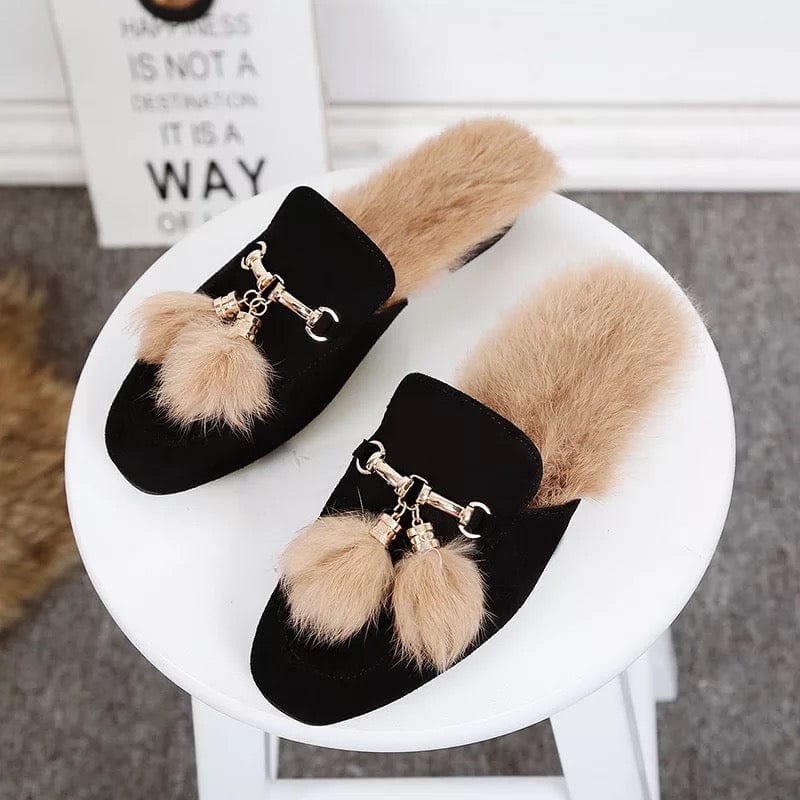 6.5 / black tassel decoration 2022 New Arrival Winter Mules Rabbit Fur Shoes Women Slippers With Metal Chain Tassel Decoration