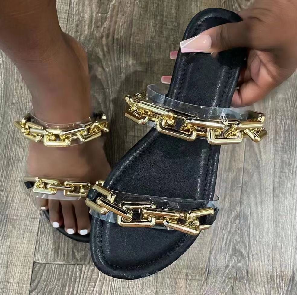 6.5 (EUR Size 37) / Black Summer Casual Footwear Women Jelly Strap Softy Transparent with Gold Chain Sexy Ladies Flat Sandals Slippers