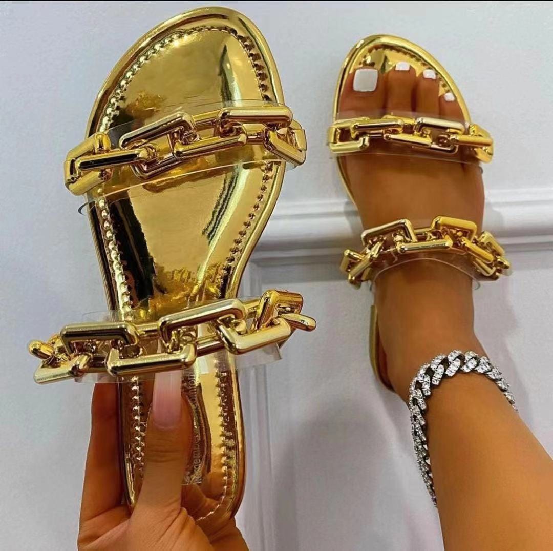 6.5 (EUR Size 37) / Gold Summer Casual Footwear Women Jelly Strap Softy Transparent with Gold Chain Sexy Ladies Flat Sandals Slippers