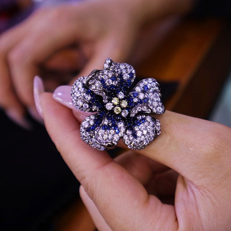6 / Blue New Natural Flower Diamond Adjustable Opening Ring Handmade 925 Sterling Silver Jewelry for Women