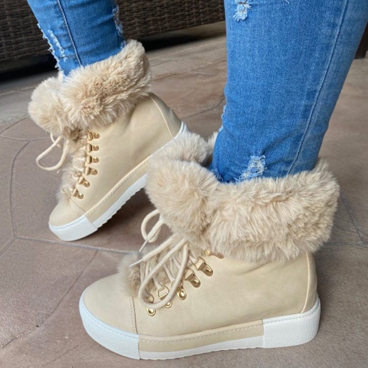 6 (EUR Size 36) / Beige New Fashion Women Boots Winter Snow Short Boots Fur Cotton Shoes Lace up Wedges Shoes Boots for Women