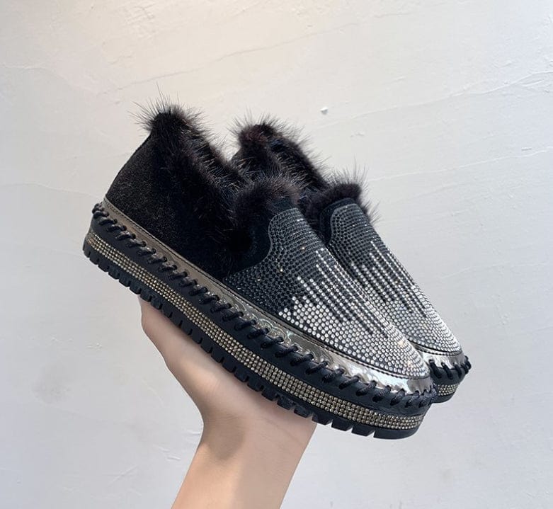 6 (EUR Size 36) / Black Fashion Platform Espadrilles Shoes Rhinestone Women Leather Thick Bottom Women Flats Round Toe Women Casual Furry Slip On Shoe