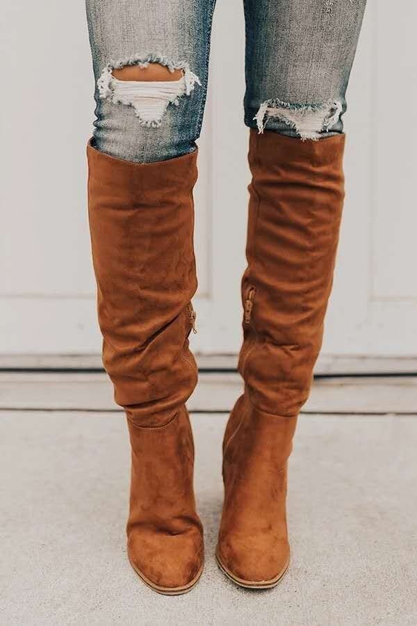 6 (EUR Size 36) / Brown Lady Designer Thick Heel Boots for Women Wood Medium Heel Women Knee High Boots Wedges Heel Pointy Toe Long Boots