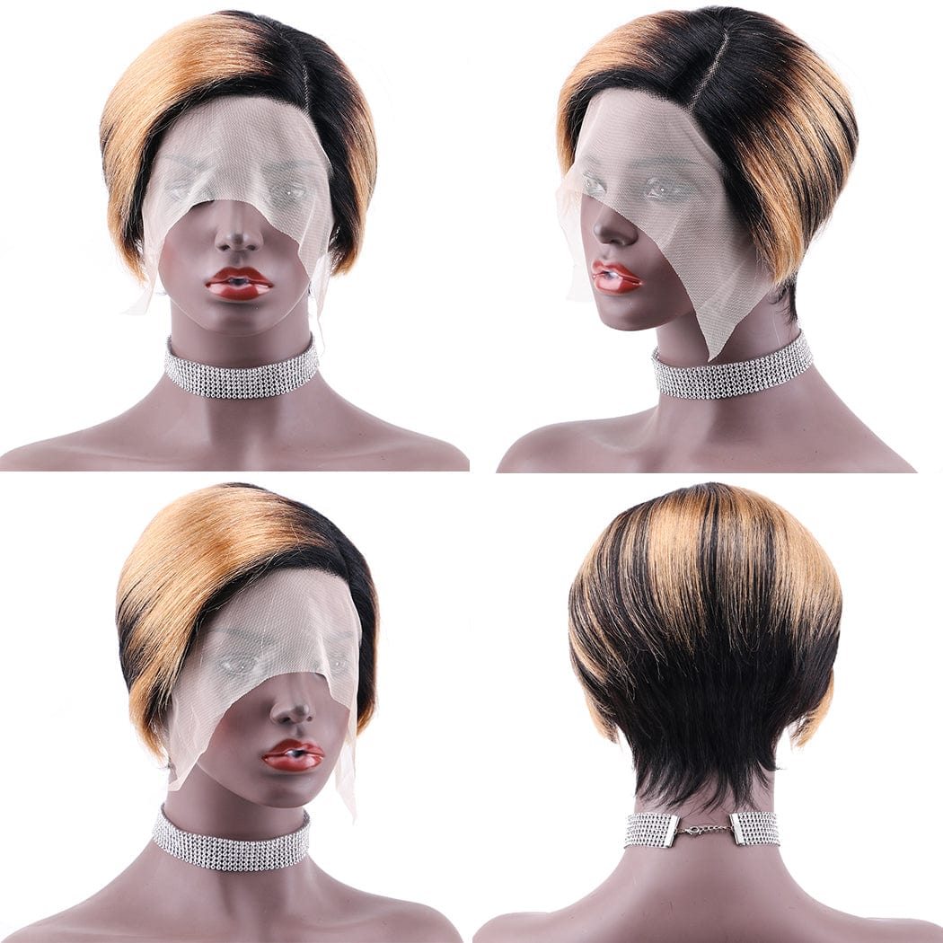 6 Inches / 1B27 wholesale best quality short perruque raw brazilian human hair hd transparent lace front pixie cut wig human hair 13x1 for woman