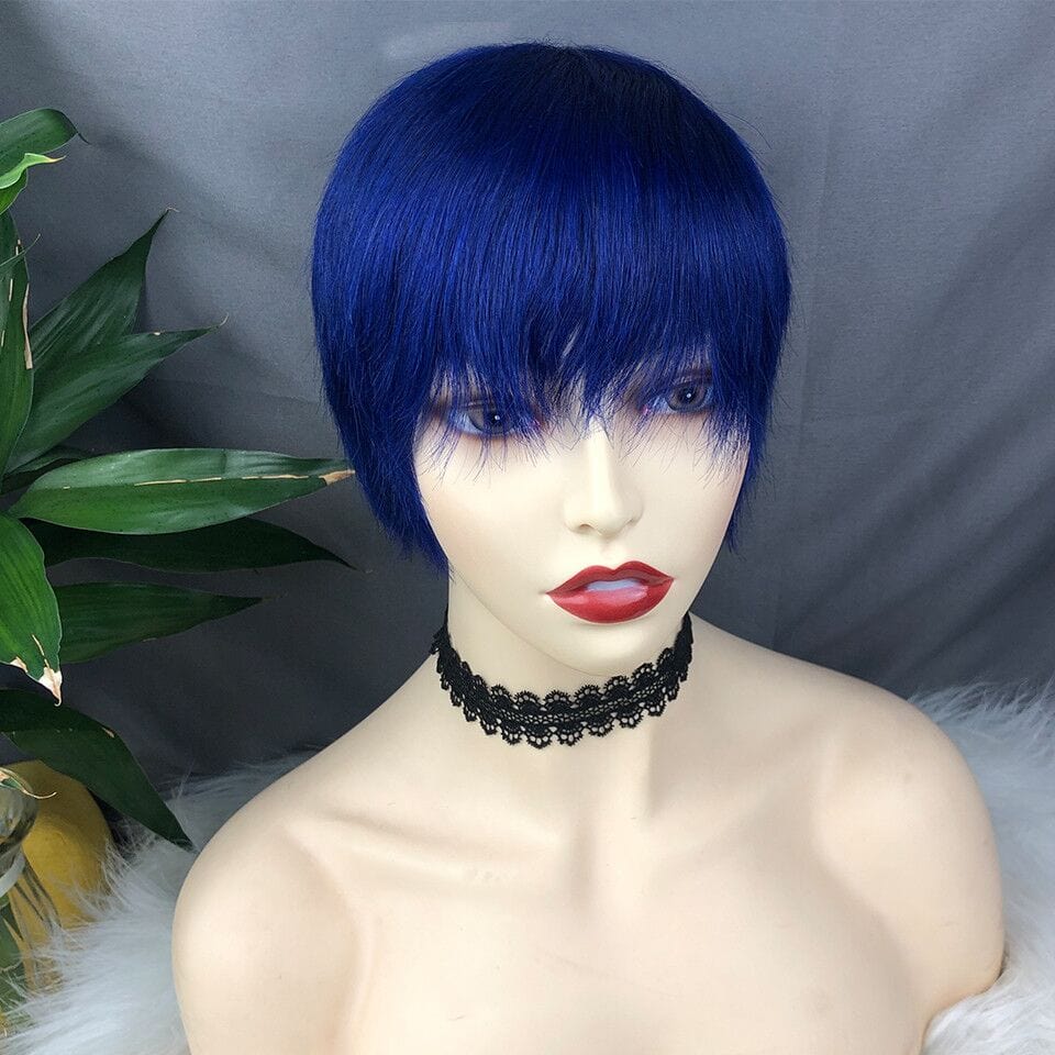 6 Inches / Blue Natural Black Short Straight Hair Wig Peruvian Human Hair Wigs With Bang For Women 99J Color Machine Made Wig Free Shipping