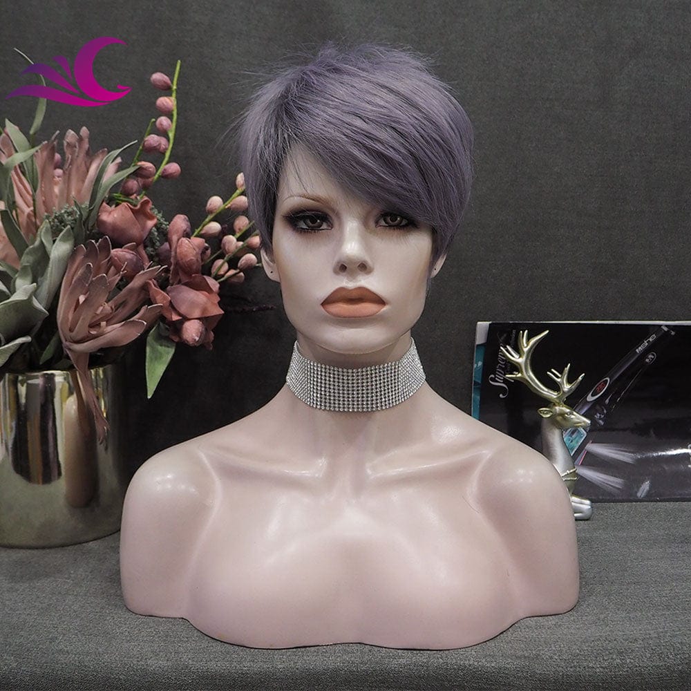 6 Inches / M1-S14-Ash Purple Celebrity Wholesale Short Pixie Cut Ash Blond Color Synthetic Heat Resistant Fiber Full Machine Synthetic Hair Wigs