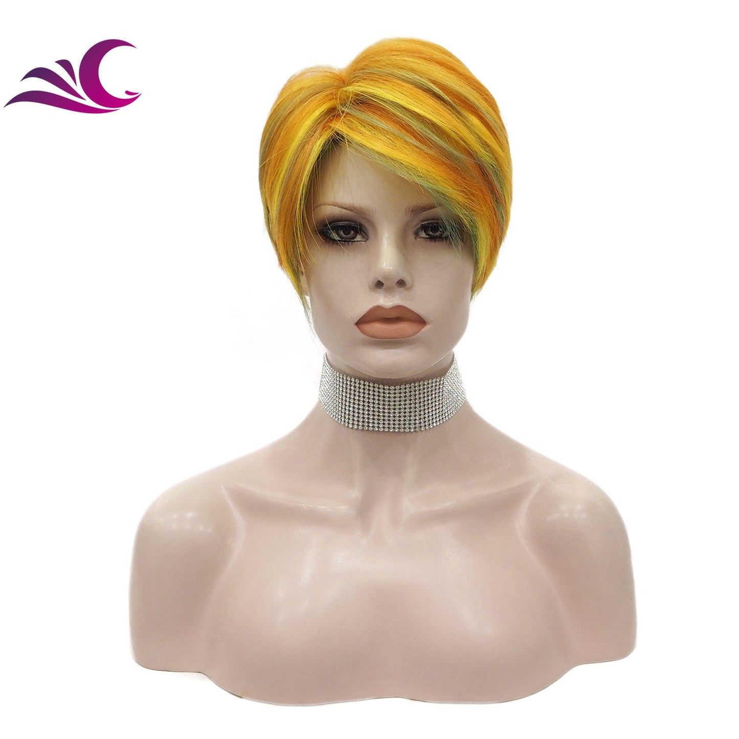 6 Inches / M1-S14-Orange Celebrity Wholesale Short Pixie Cut Ash Blond Color Synthetic Heat Resistant Fiber Full Machine Synthetic Hair Wigs