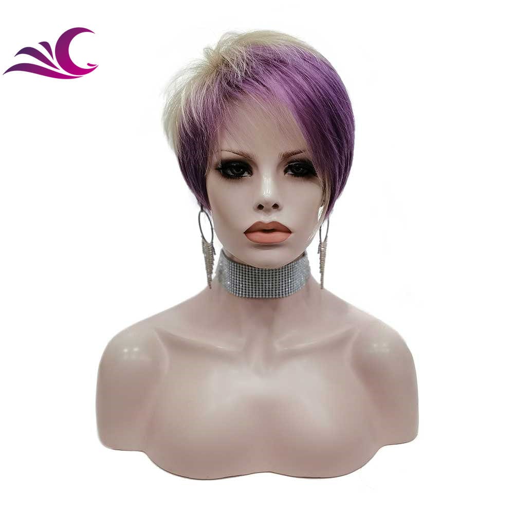 6 Inches / M1-S17-Blond purple Celebrity Wholesale Short Pixie Cut Ash Blond Color Synthetic Heat Resistant Fiber Full Machine Synthetic Hair Wigs