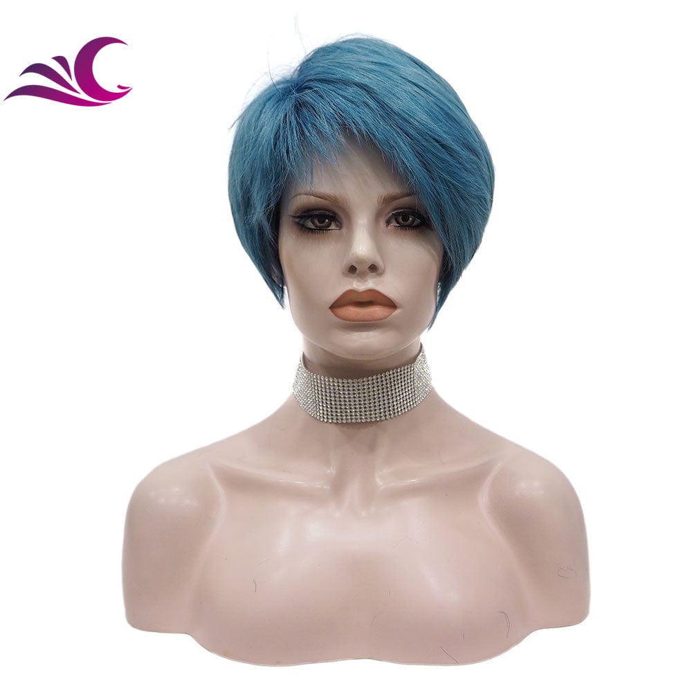 6 Inches / M1-S17-Blue Celebrity Wholesale Short Pixie Cut Ash Blond Color Synthetic Heat Resistant Fiber Full Machine Synthetic Hair Wigs