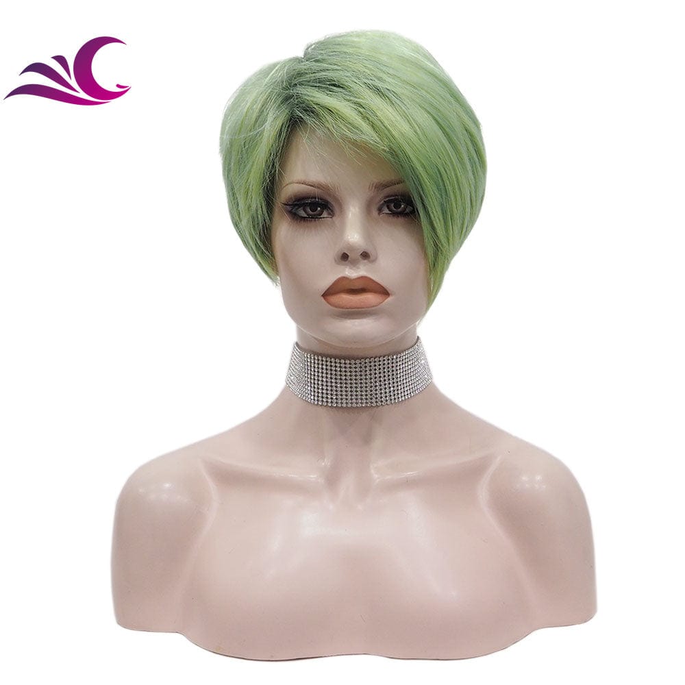 6 Inches / M1-S17-Green Celebrity Wholesale Short Pixie Cut Ash Blond Color Synthetic Heat Resistant Fiber Full Machine Synthetic Hair Wigs