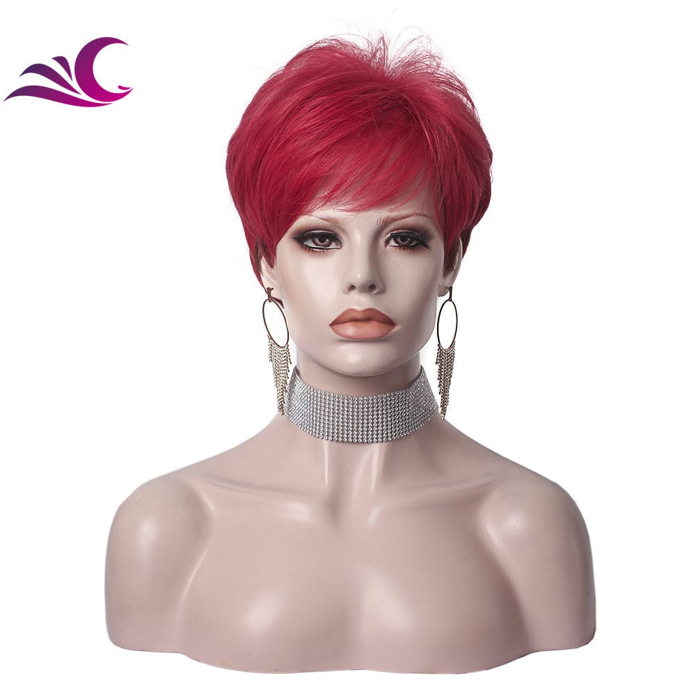 6 Inches / M1-S18-Red Celebrity Wholesale Short Pixie Cut Ash Blond Color Synthetic Heat Resistant Fiber Full Machine Synthetic Hair Wigs