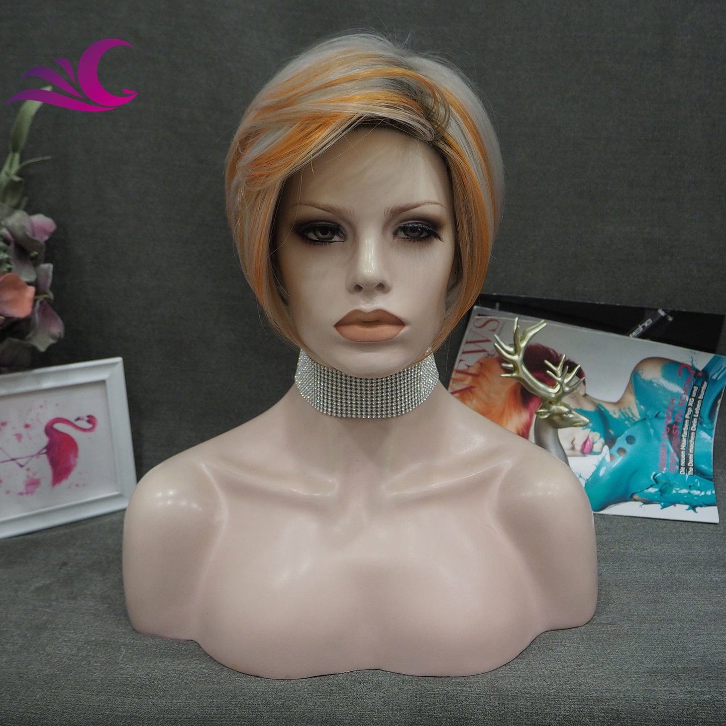 6 Inches / M1-S26-Grey Celebrity Wholesale Short Pixie Cut Ash Blond Color Synthetic Heat Resistant Fiber Full Machine Synthetic Hair Wigs