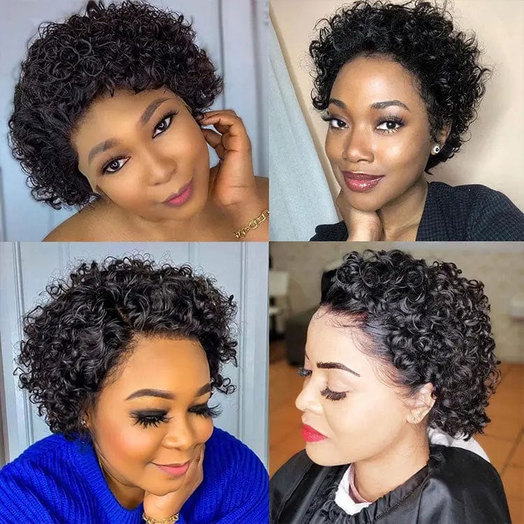 6 Inches / Natural color Perruque Pixie Cut Wig Human Hair Curly Bob