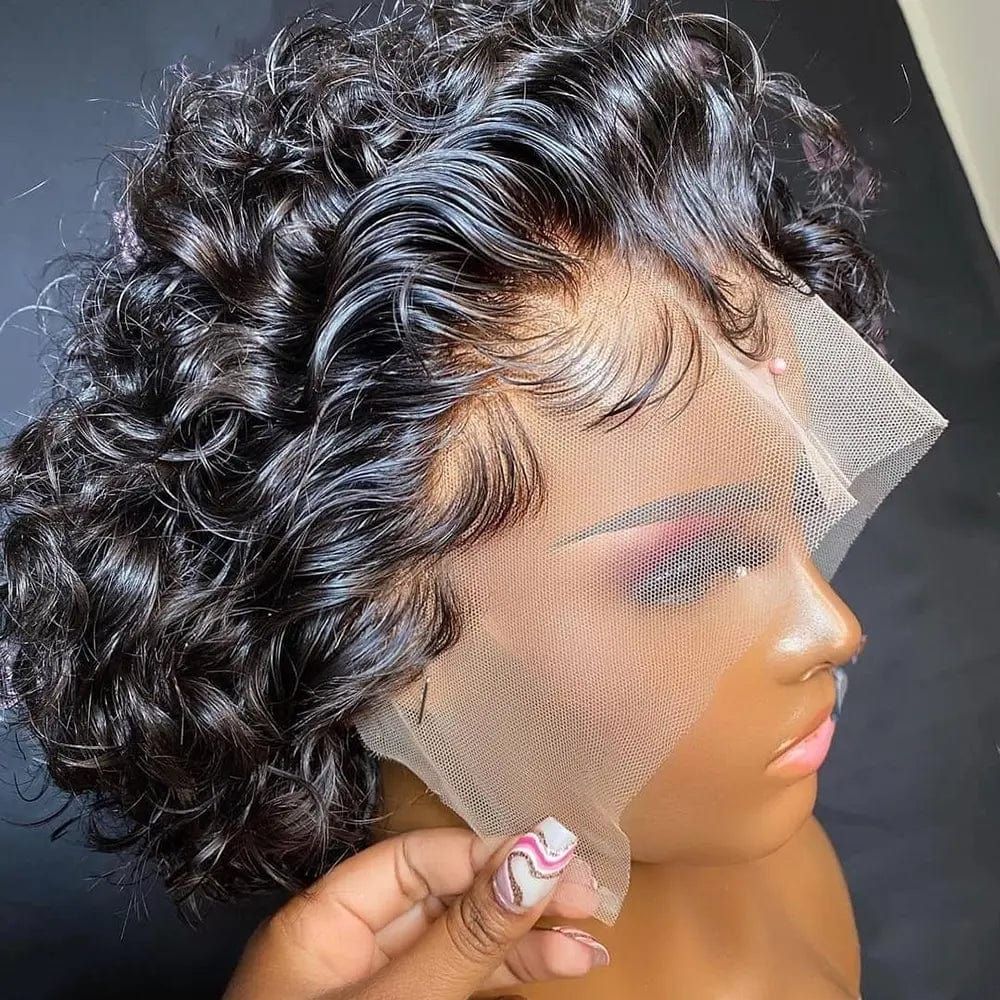 6 Inches / Natural color Perruque Pixie Cut Wig Human Hair Curly Bob
