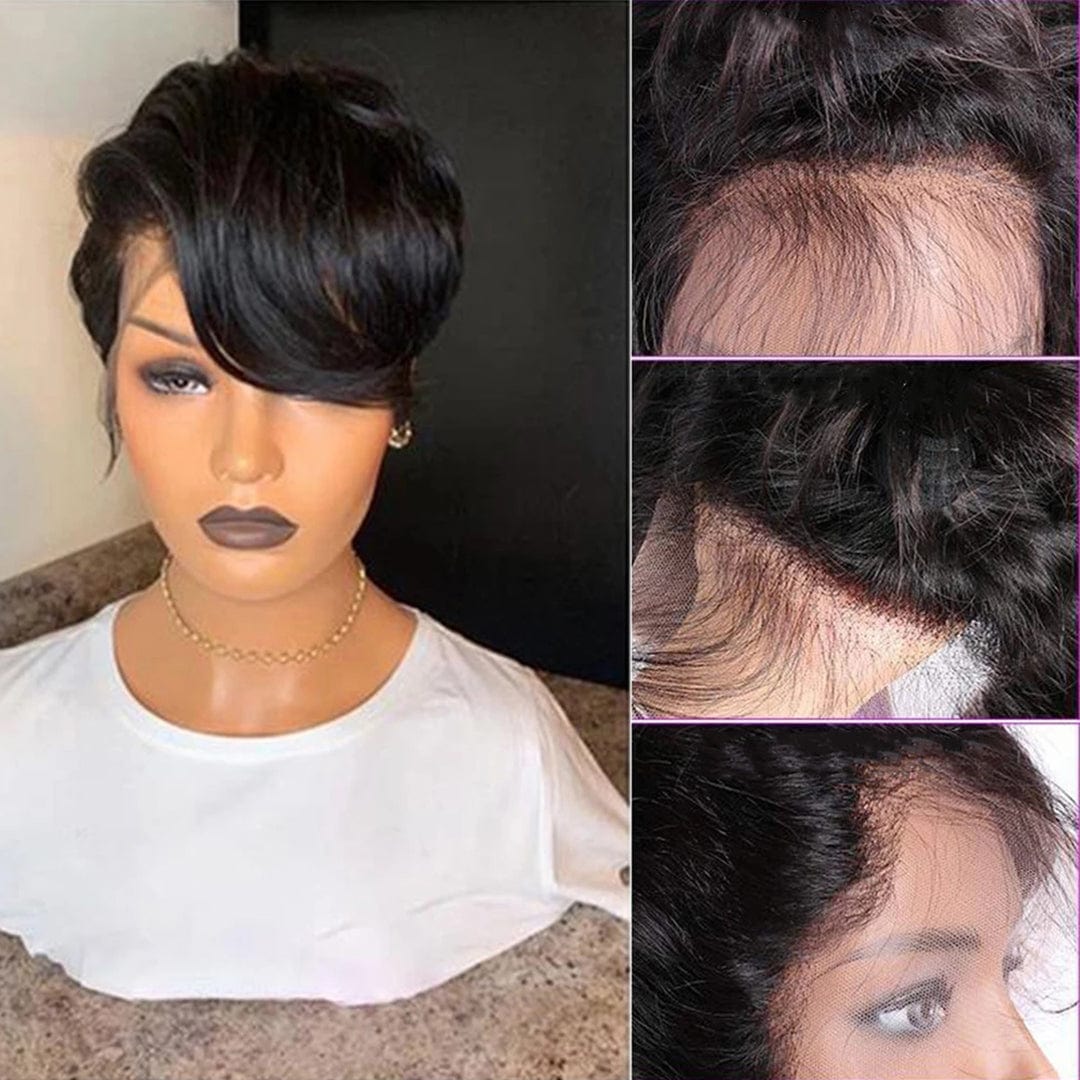 6 Inches / natural color Short Pixie Cut Human Hair Straight Lace Front Wig Brazilian Cheap Human Hair Wig T Part Transparent Lace Wigs