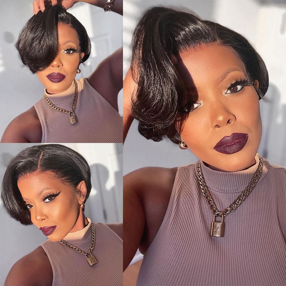6 Inches / natural color Short Pixie Cut Human Hair Straight Lace Front Wig Brazilian Cheap Human Hair Wig T Part Transparent Lace Wigs