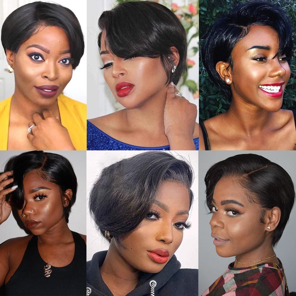 6 Inches / natural color Short Pixie Cut Human Hair Straight Lace Front Wig Brazilian Cheap Human Hair Wig T Part Transparent Lace Wigs