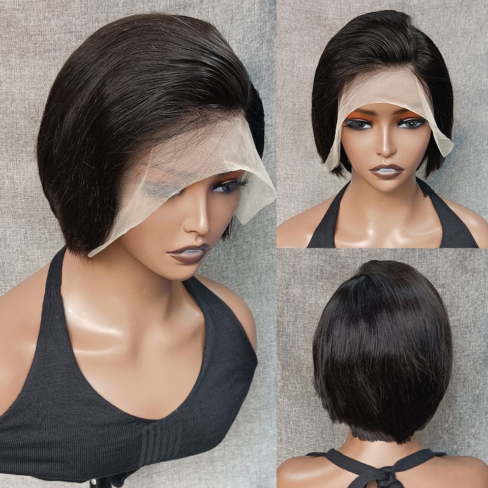 6 Inches / natural color Short Pixie Cut Human Hair Straight Lace Front Wig Brazilian Cheap Human Hair Wig T Part Transparent Lace Wigs