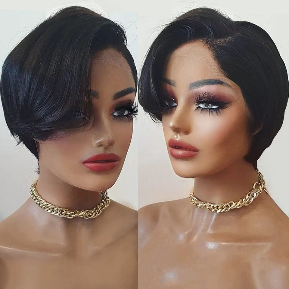 6 Inches / natural color Short Pixie Cut Human Hair Straight Lace Front Wig Brazilian Cheap Human Hair Wig T Part Transparent Lace Wigs