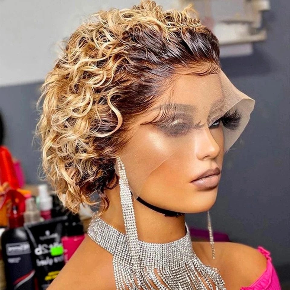 6 Inches / ombre blonde color Short Human Hair Pixie Cut Lace Wigs Human Hair Cheap Short Straight Wigs For Black Women Red Blonde color