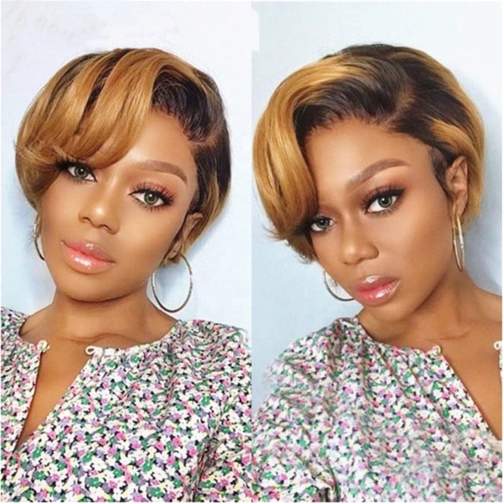 6 Inches / ombre blonde color Short Human Hair Pixie Cut Lace Wigs Human Hair Cheap Short Straight Wigs For Black Women Red Blonde color