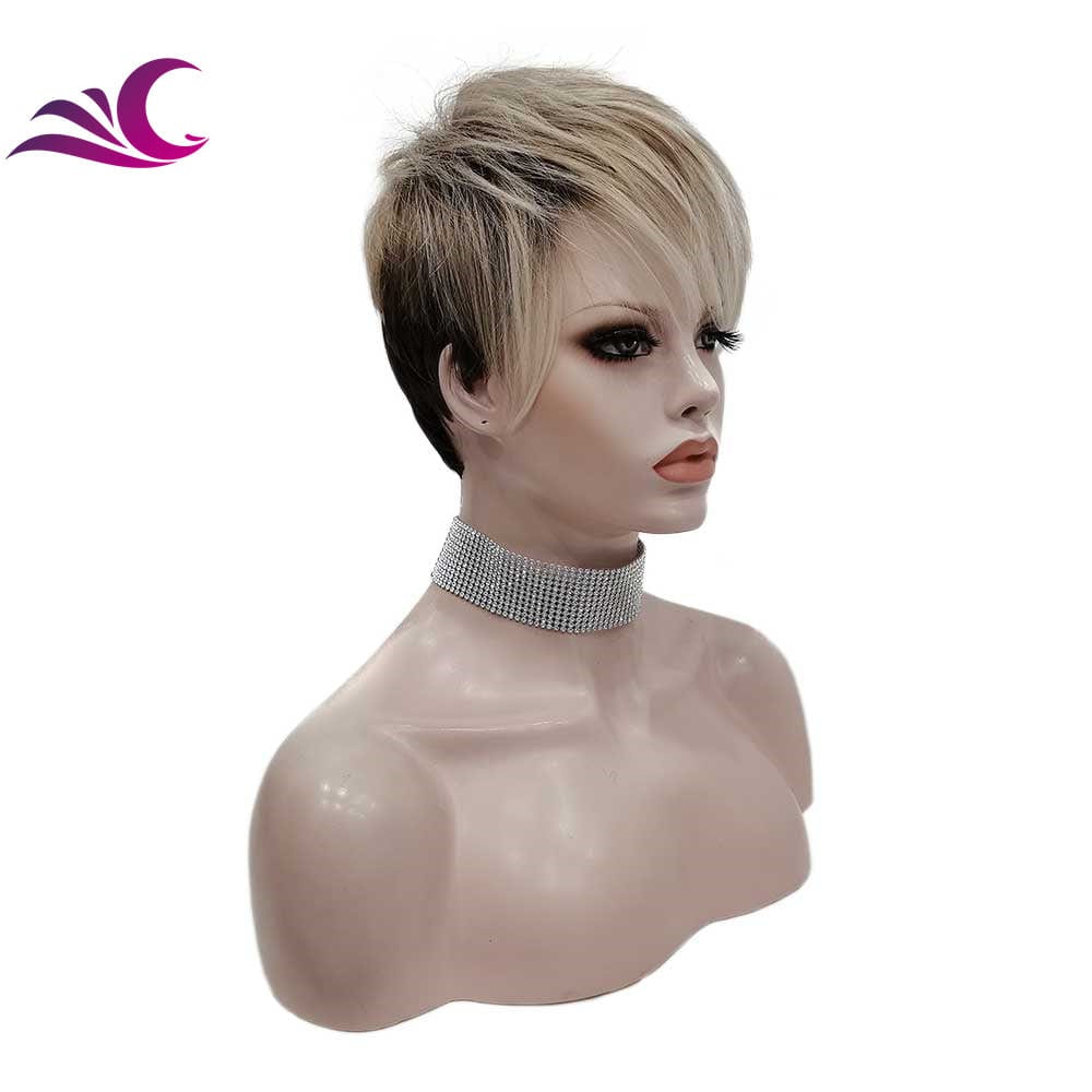 6 Inches / S14 2017 Celebrity Wholesale Short Pixie Cut Ash Blond Color Synthetic Heat Resistant Fiber Full Machine Synthetic Hair Wigs