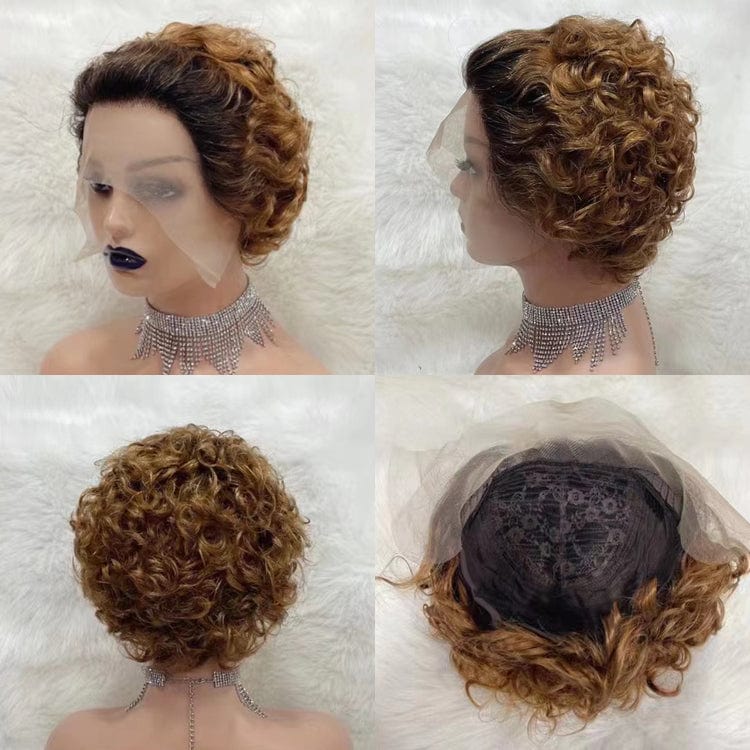 6 Inches / T1B/30--Model 1 Wholesale Vendors 10A Virgin Cut Short Bob Lace Frontal Pixie Curls Wig 99j Red Color Pre Plucked Lace Front Human Hair Wigs