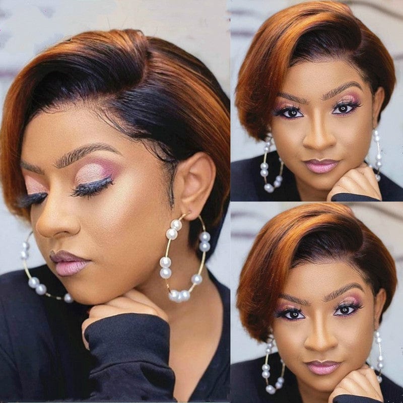 6 Inches / T30 Pre Plucked 13x4x1 Lace Front Wig Brown Ombre Human Hair Wigs for Women Straight Bob Pixie Cut Wig