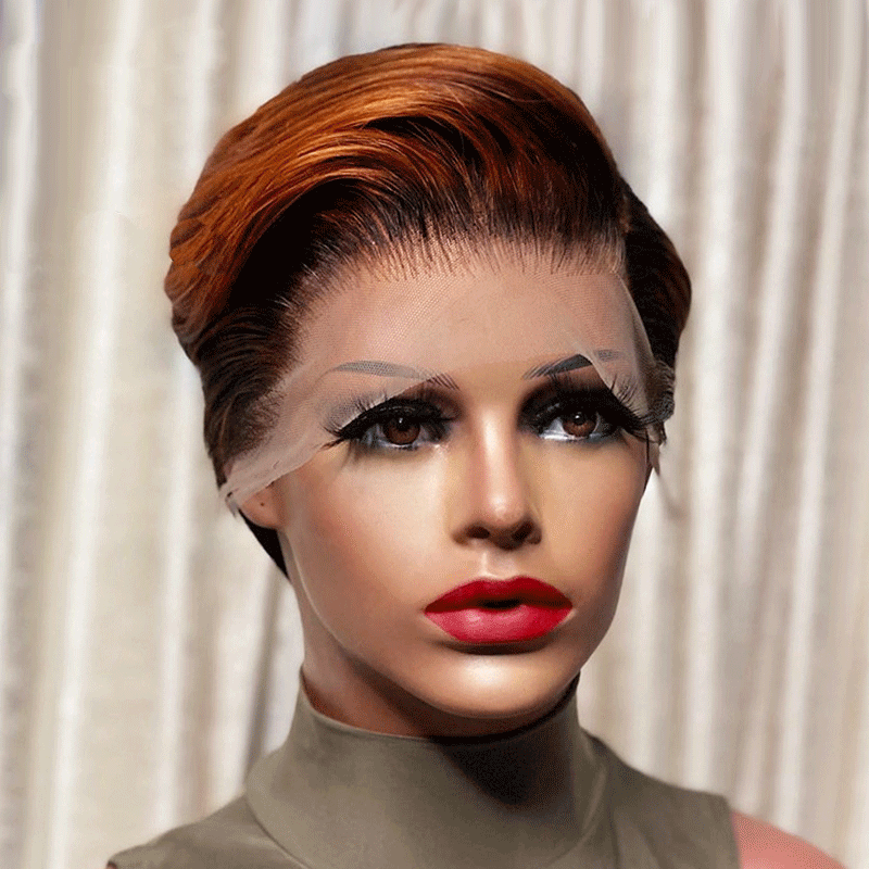 6 Inches / T30 Pre Plucked 13x4x1 Lace Front Wig Brown Ombre Human Hair Wigs for Women Straight Bob Pixie Cut Wig