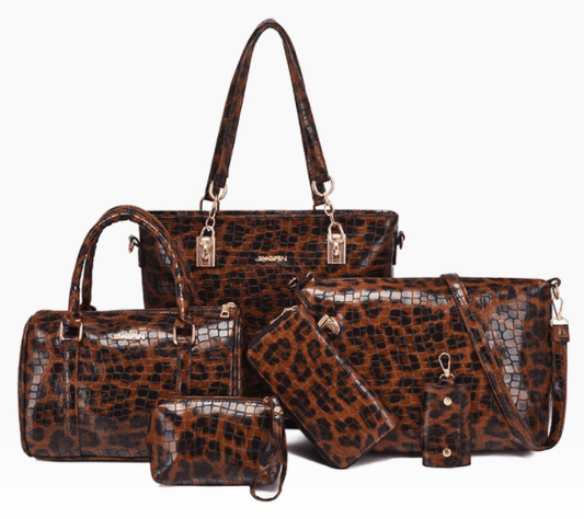 6 pieces set pu leather bag handbag leopard print  large capacity handbags set women bags