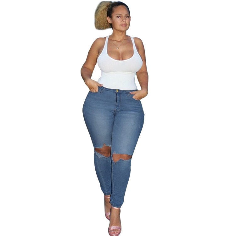 6XL / Blue Amazon ladies high waisted stretchy Fat Girl Woman Ripped Over Big Size 4XL 5XL 6XL 7XL trousers Women plus size pants & jeans