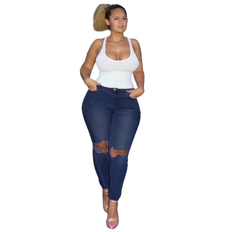 6XL / Dark blue Amazon ladies high waisted stretchy Fat Girl Woman Ripped Over Big Size 4XL 5XL 6XL 7XL trousers Women plus size pants & jeans