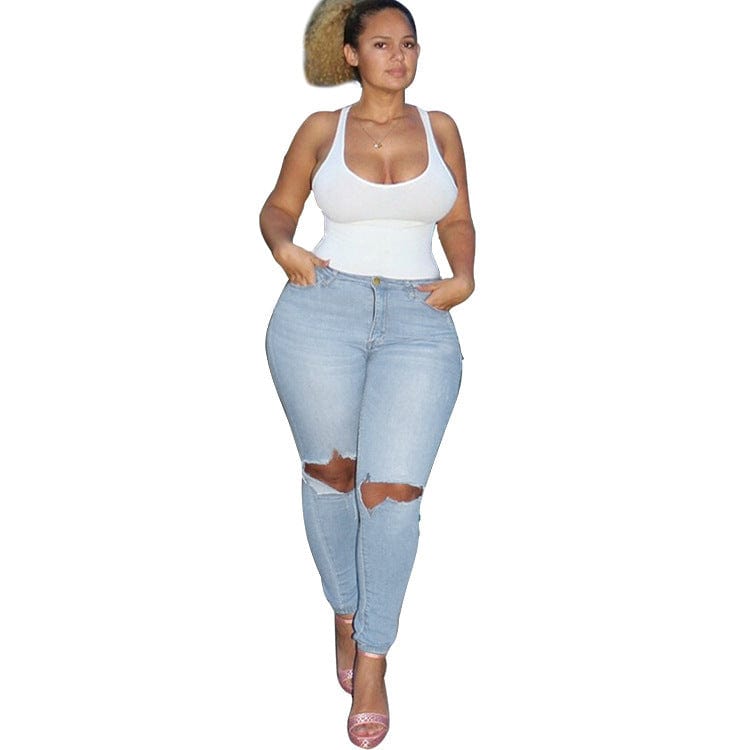 6XL / Light Blue Amazon ladies high waisted stretchy Fat Girl Woman Ripped Over Big Size 4XL 5XL 6XL 7XL trousers Women plus size pants & jeans