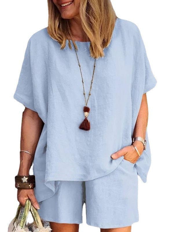 6XL / Light Blue summer plus size women's clothing women linen sleek loose fit short sleeve shorts two piece ladies sets