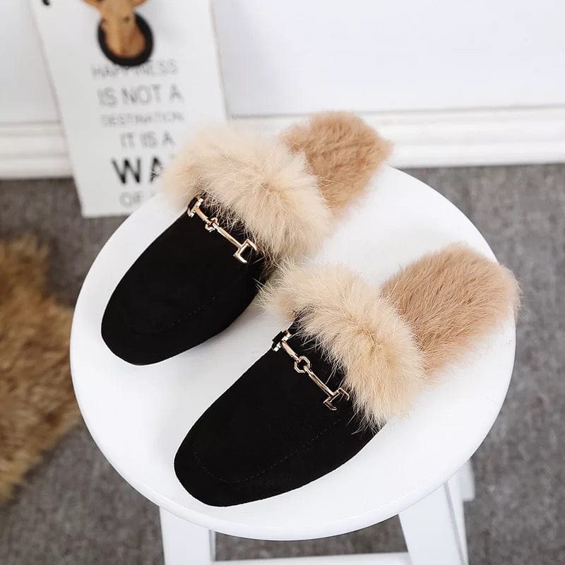 7.5 / black metal decoration 2022 New Arrival Winter Mules Rabbit Fur Shoes Women Slippers With Metal Chain Tassel Decoration