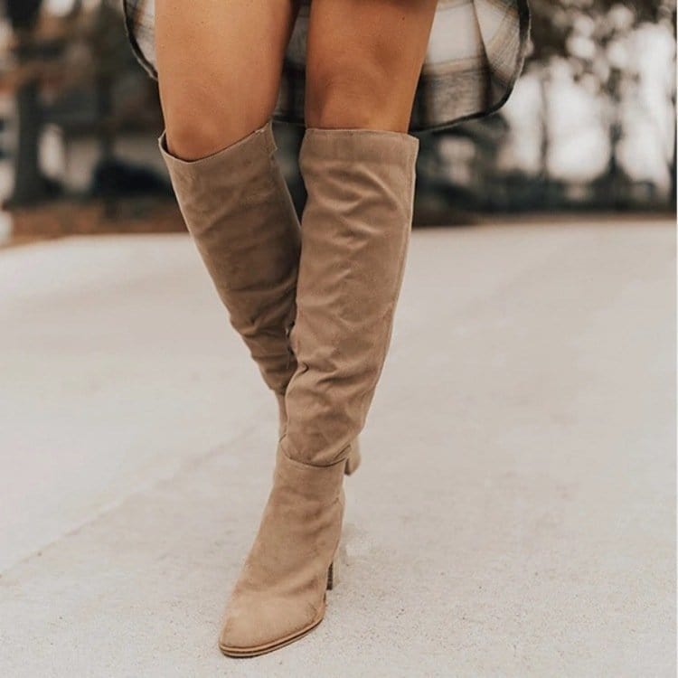 7.5 (EUR Size 38) / apricot Lady Designer Thick Heel Boots for Women Wood Medium Heel Women Knee High Boots Wedges Heel Pointy Toe Long Boots