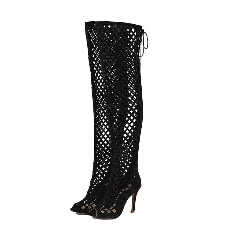 7 / black TX fashion new sexy women's hollow out thin heeled sandals solid color net peep toe over knee thigh long ladies boots
