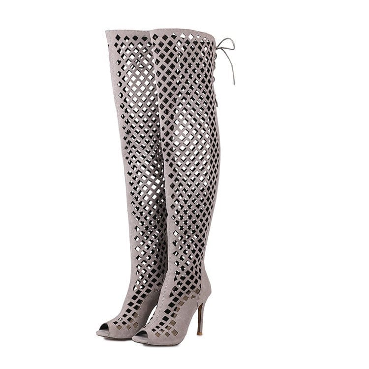 7 / Grey TX fashion new sexy women's hollow out thin heeled sandals solid color net peep toe over knee thigh long ladies boots
