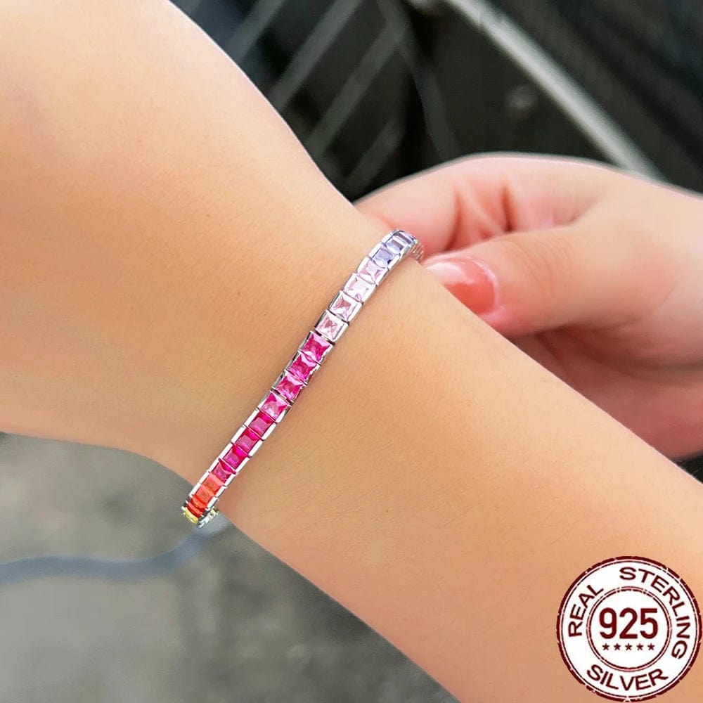 7 inch (18cm) / SB004-7inch Fine Jewelry Rainbow Color 5a Cubic Zirconia 3mm Square CZ Tennis 925 Sterling Silver Bracelets for Women