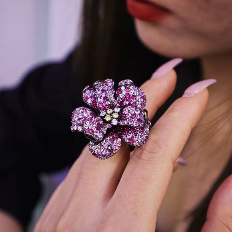 7 / Purple New Natural Flower Diamond Adjustable Opening Ring Handmade 925 Sterling Silver Jewelry for Women