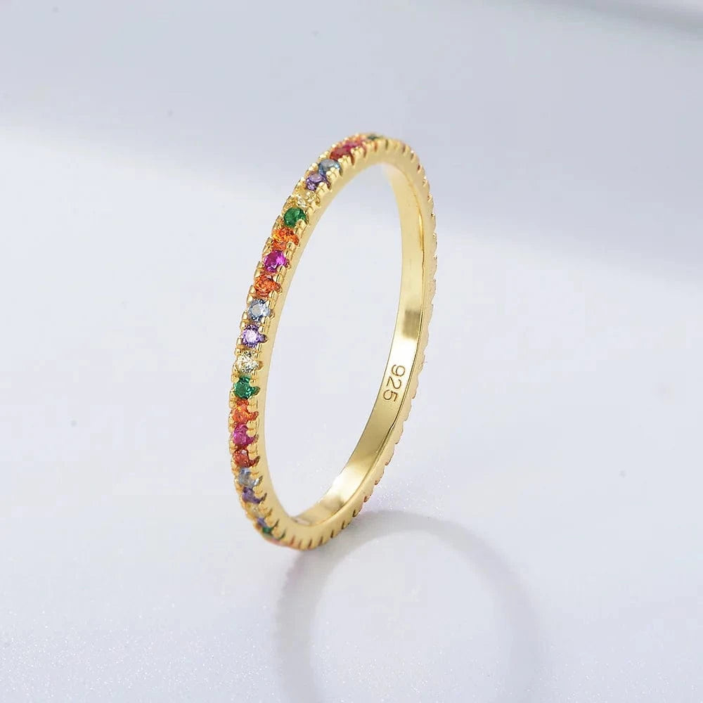 7 / Rainbow Fashion Jewelry 925 Sterling Silver Rings 18K Gold Plated Silver 925 Wedding Rings Rainbow Diamond Ring Girls Women Jewelry