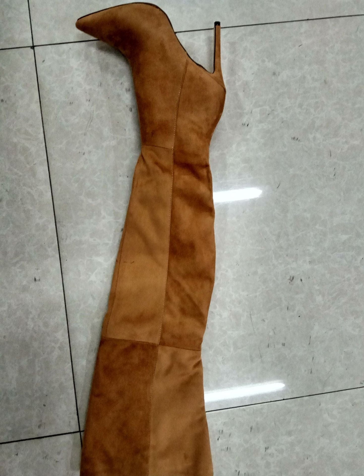 7 / Yellowish brown TX China Factory loe price Lady's Thigh High Boots Metal Decor Sexy Pointed Toe over the knee boots thigh high flats